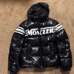 Moncler Shiny Black Jacket with White Stripes